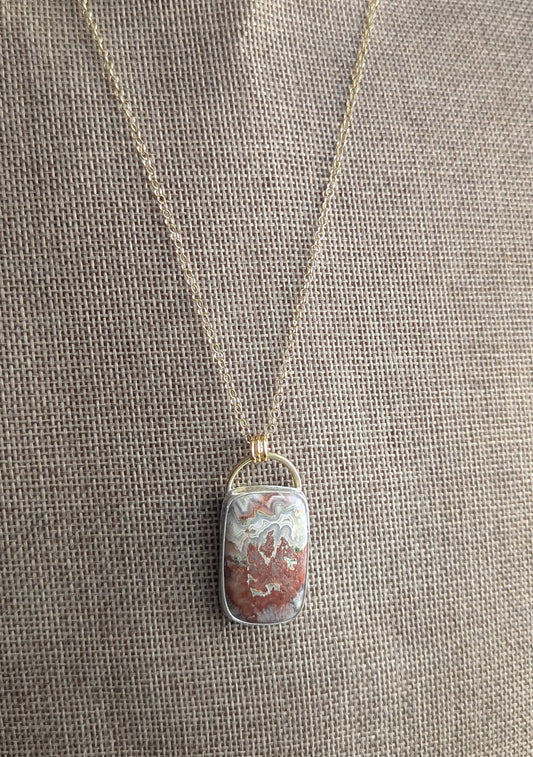 Full Circle Crazy Lace Agate Mixed Metal Gold and Silver Necklace