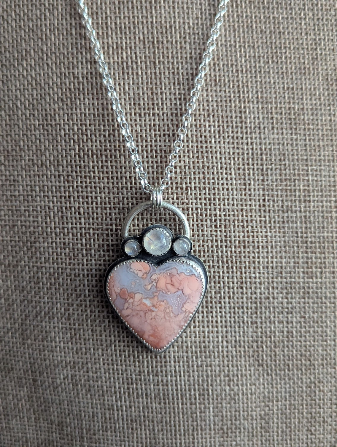 Cotton Candy Agate Heart and Moonstone Trio Full Circle Necklace