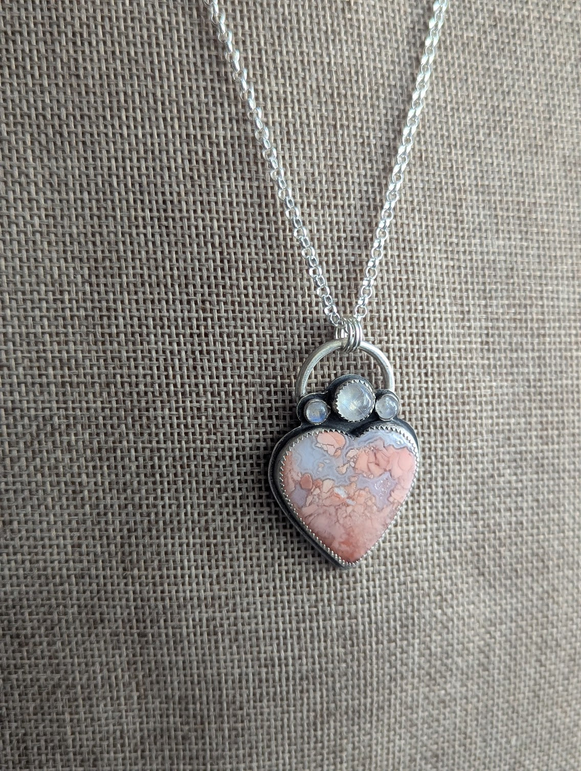 Cotton Candy Agate Heart and Moonstone Trio Full Circle Necklace