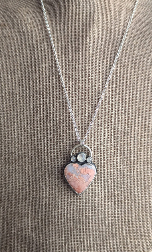 Cotton Candy Agate Heart and Moonstone Trio Full Circle Necklace