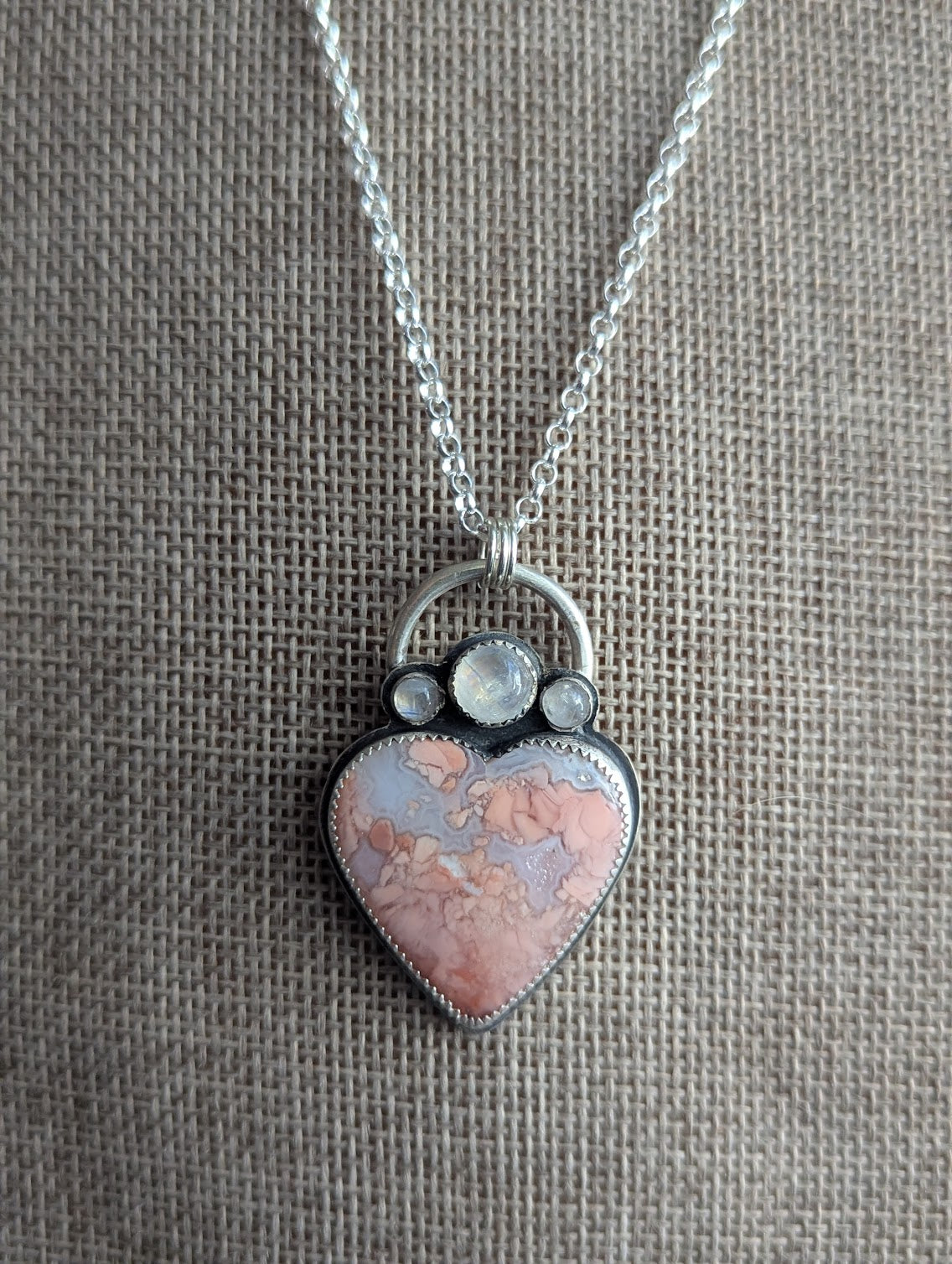 Cotton Candy Agate Heart and Moonstone Trio Full Circle Necklace