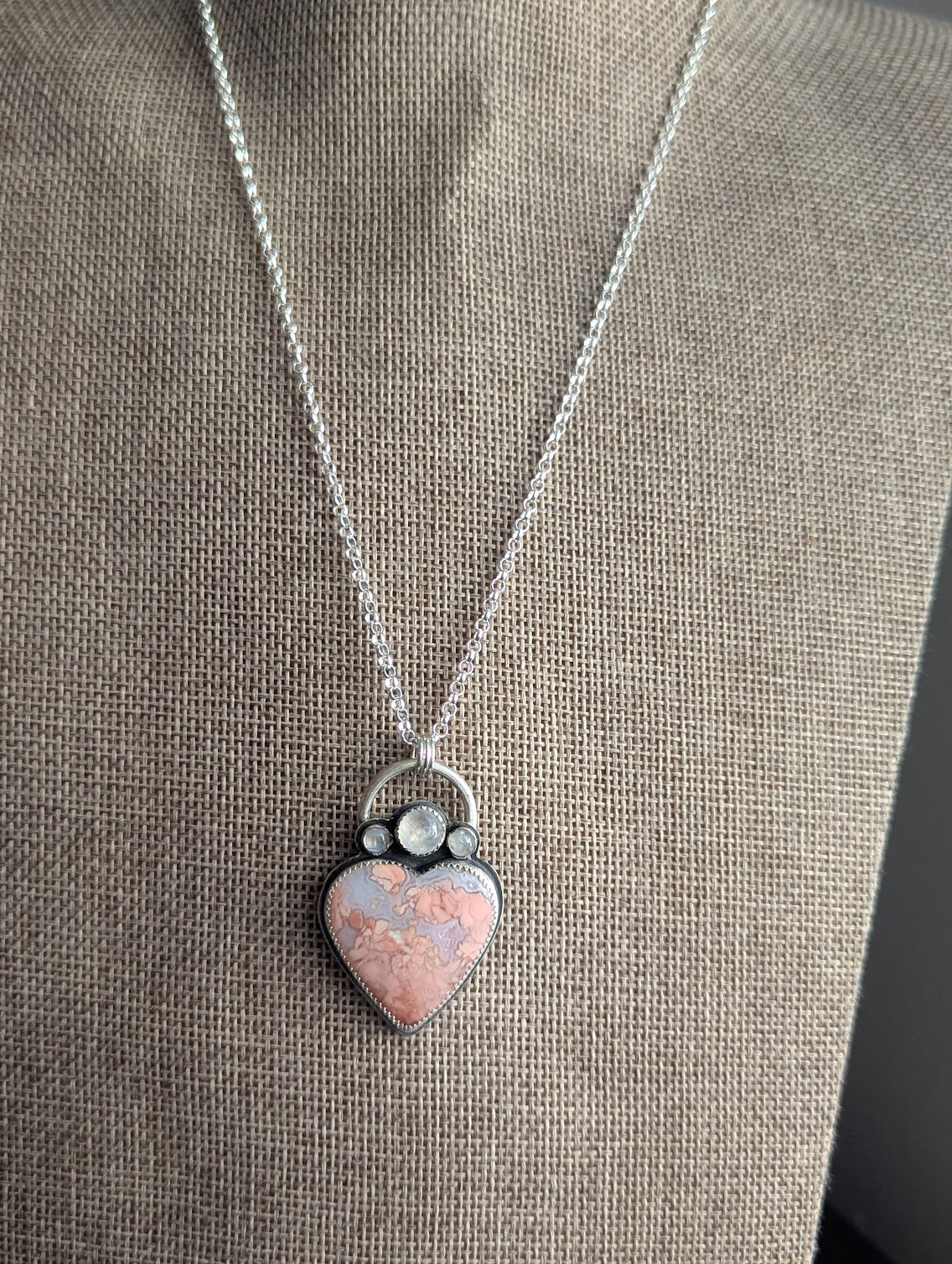 Cotton Candy Agate Heart and Moonstone Trio Full Circle Necklace
