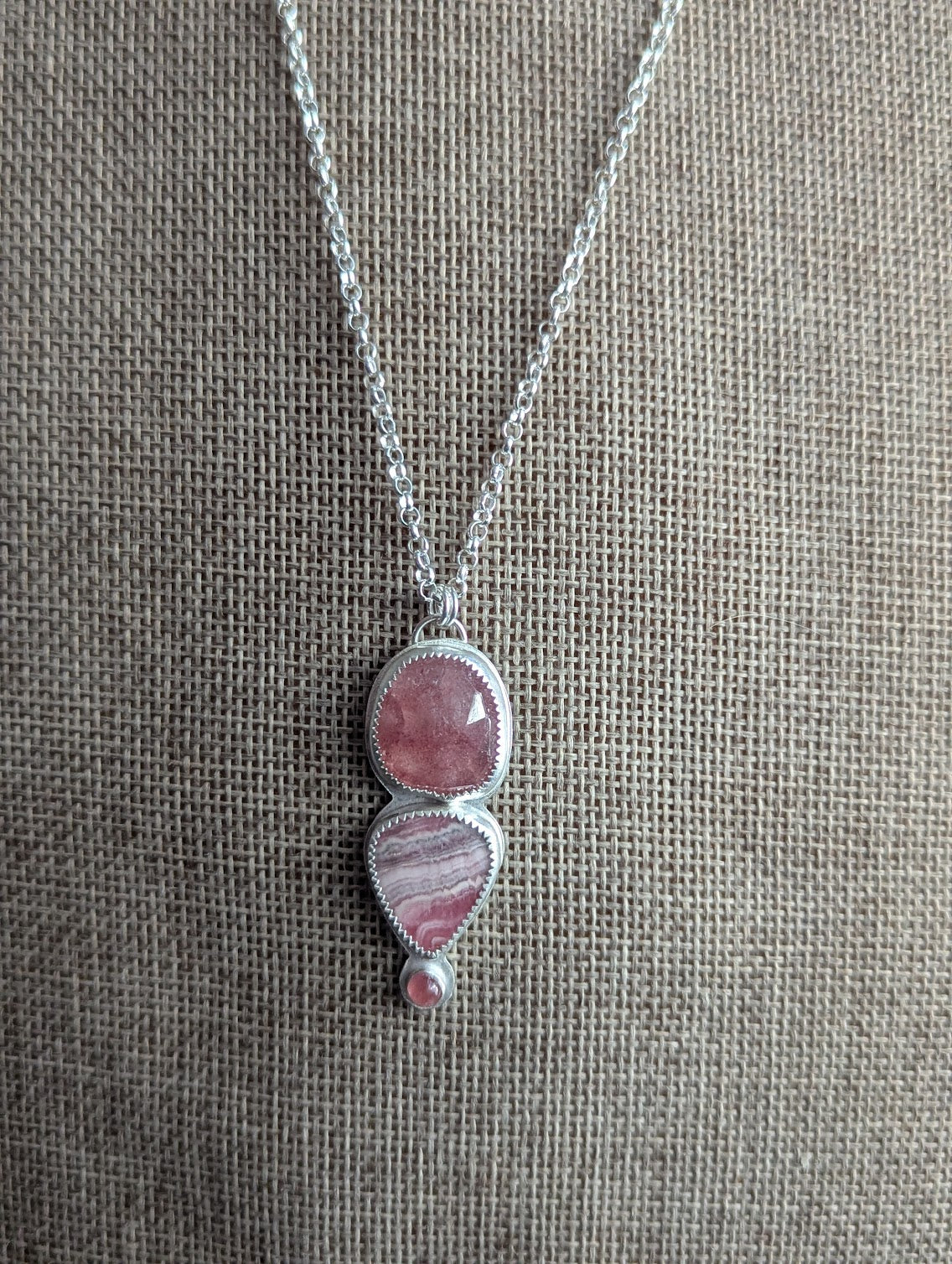 Strawberry Quartz, Rhodocrosite and Pink Tourmaline Silver Necklace