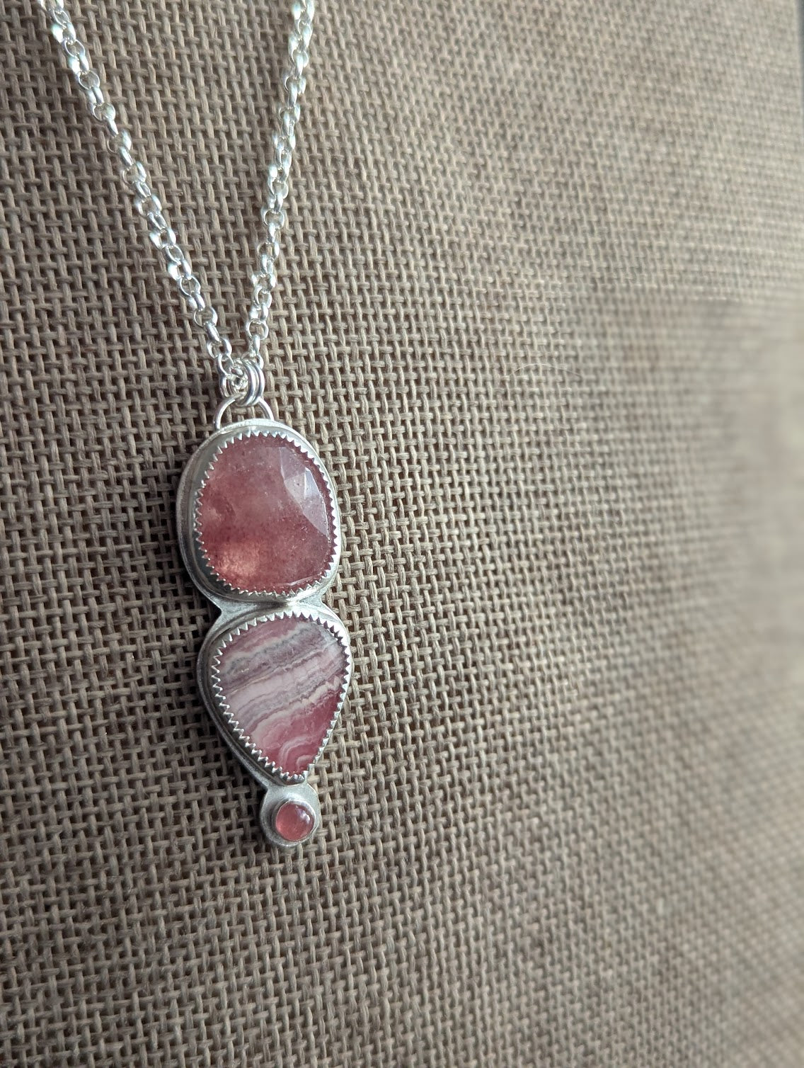 Strawberry Quartz, Rhodocrosite and Pink Tourmaline Silver Necklace