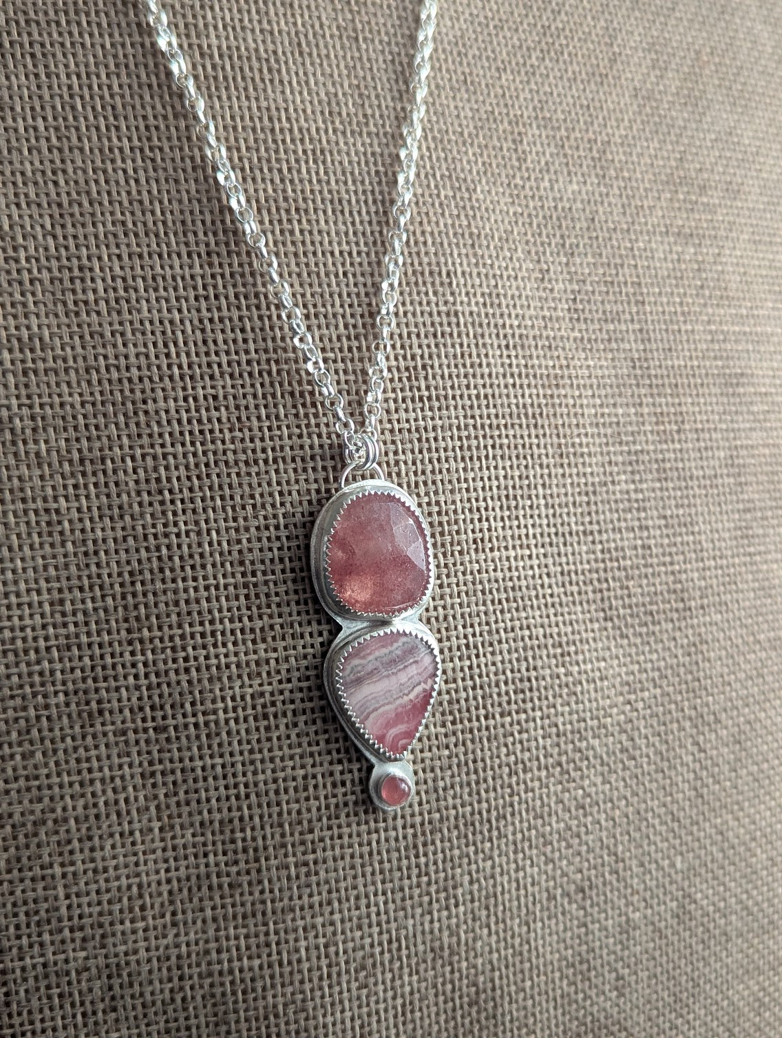 Strawberry Quartz, Rhodocrosite and Pink Tourmaline Silver Necklace