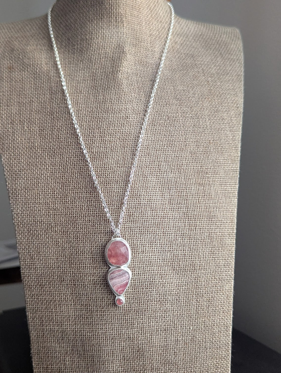 Strawberry Quartz, Rhodocrosite and Pink Tourmaline Silver Necklace