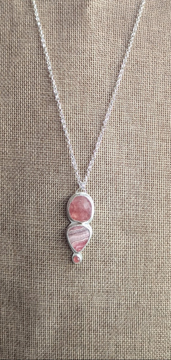 Strawberry Quartz, Rhodocrosite and Pink Tourmaline Silver Necklace