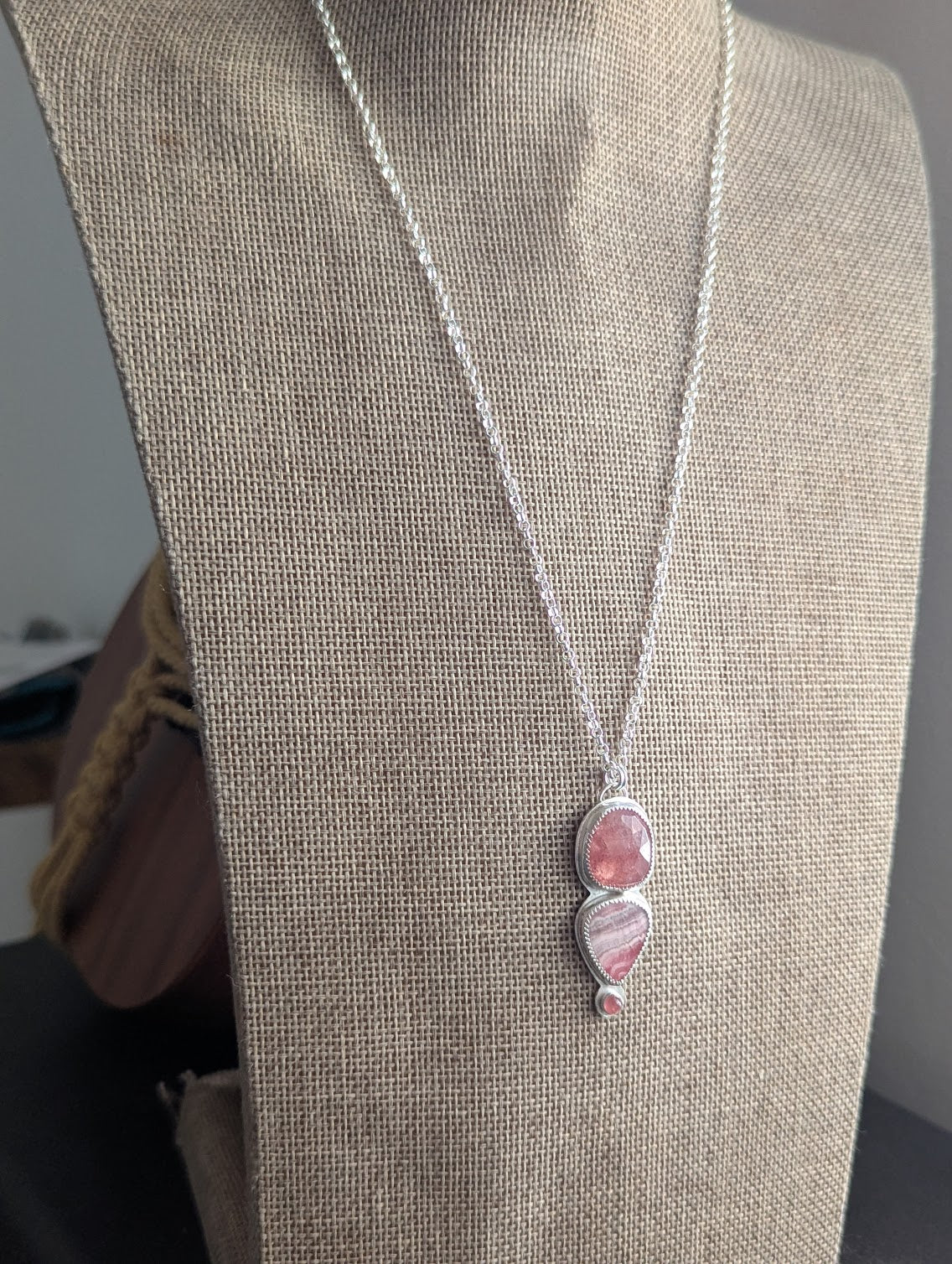 Strawberry Quartz, Rhodocrosite and Pink Tourmaline Silver Necklace