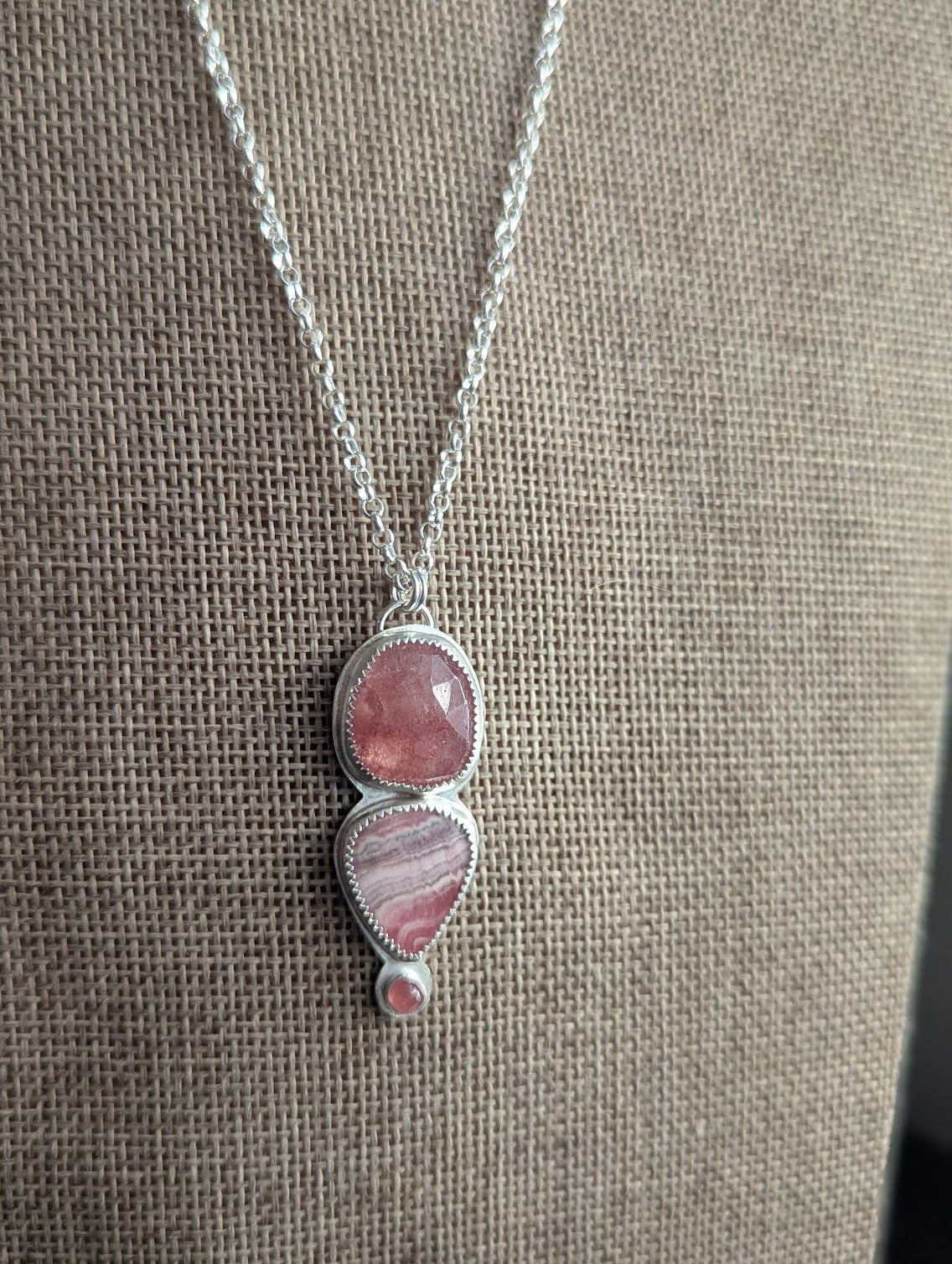 Strawberry Quartz, Rhodocrosite and Pink Tourmaline Silver Necklace