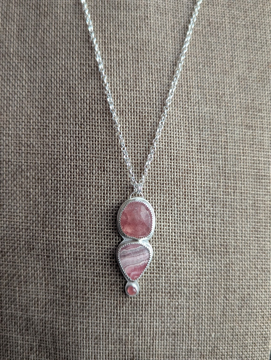 Strawberry Quartz, Rhodocrosite and Pink Tourmaline Silver Necklace