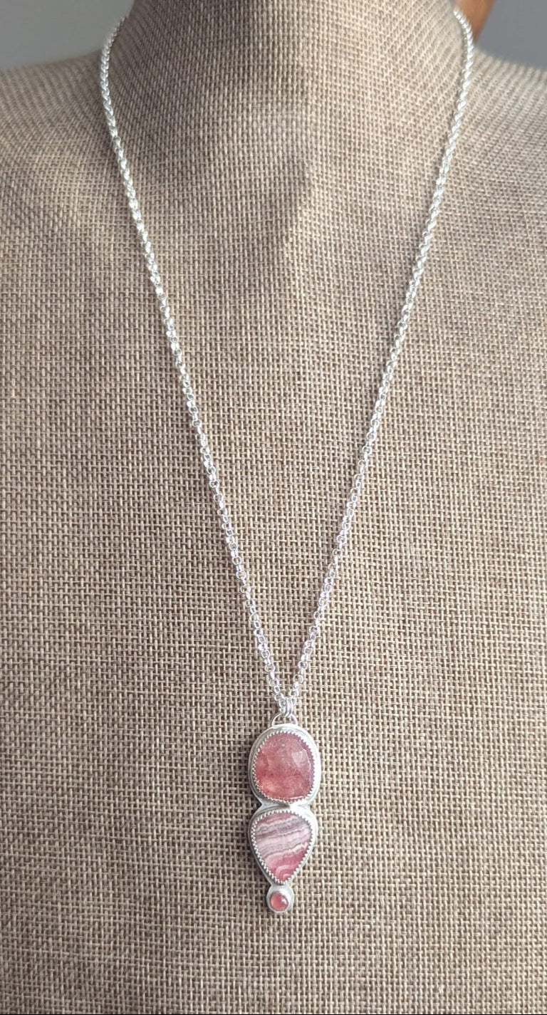 Strawberry Quartz, Rhodocrosite and Pink Tourmaline Silver Necklace