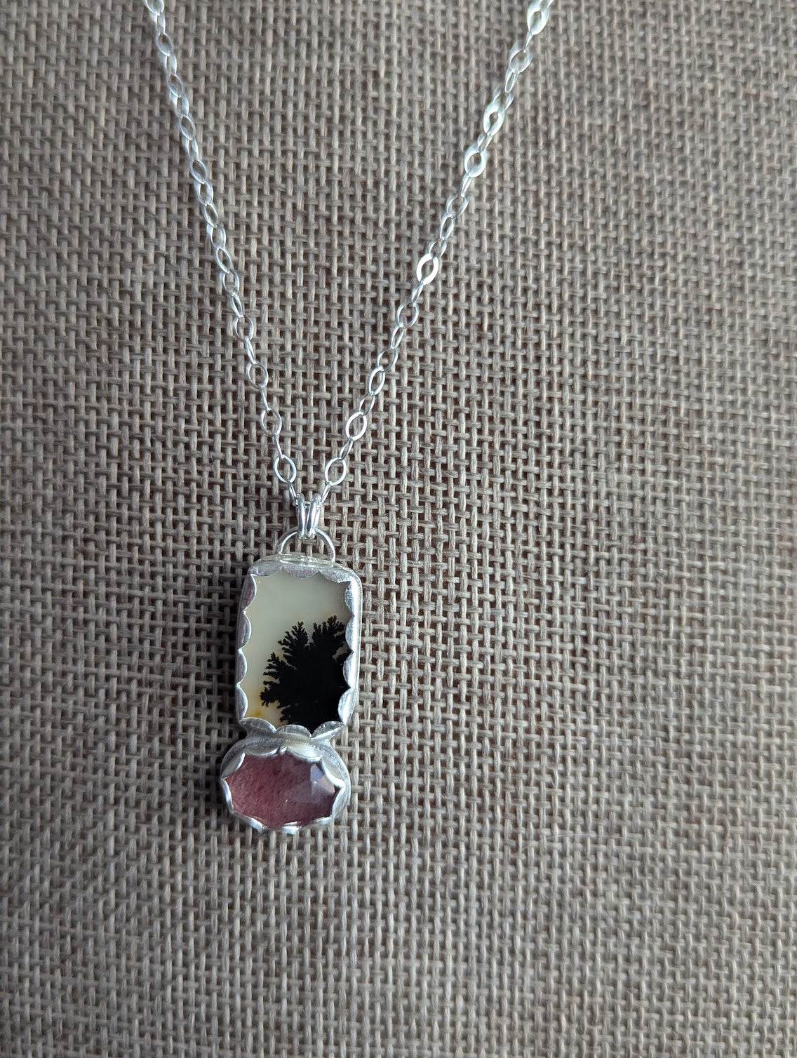 Dendritic Agate and Strawberry Quartz Silver Duo Necklace