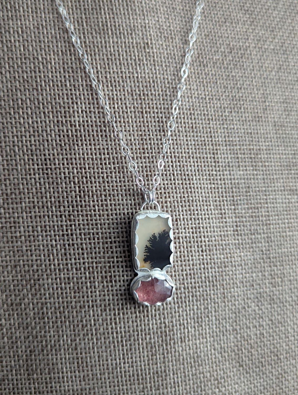 Dendritic Agate and Strawberry Quartz Silver Duo Necklace