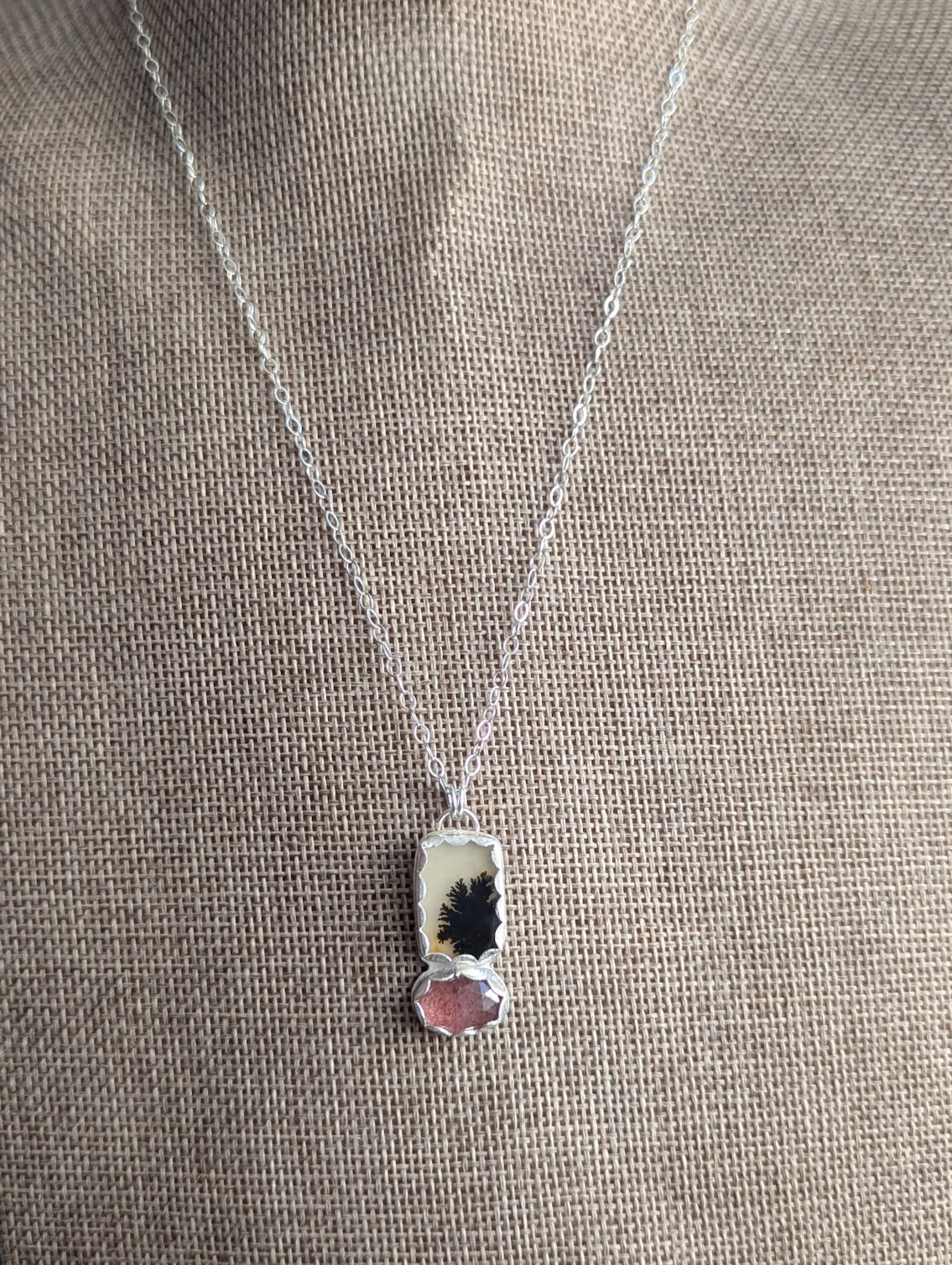 Dendritic Agate and Strawberry Quartz Silver Duo Necklace