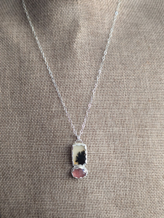 Dendritic Agate and Strawberry Quartz Silver Duo Necklace