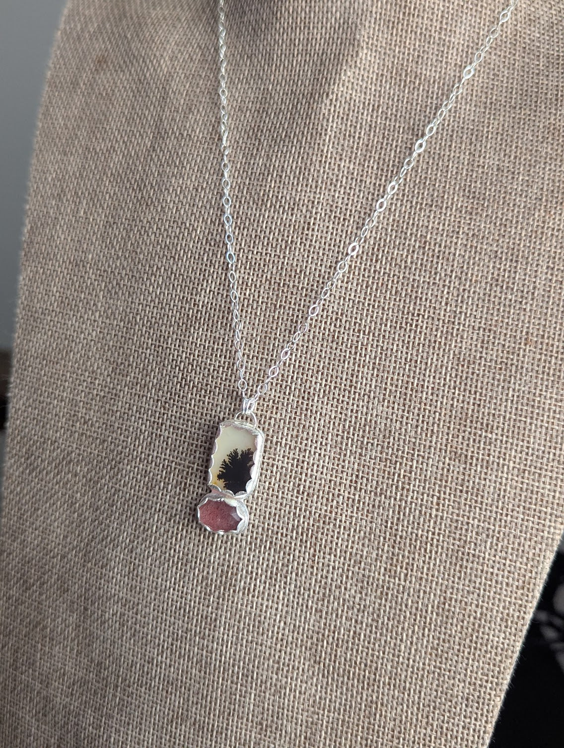 Dendritic Agate and Strawberry Quartz Silver Duo Necklace