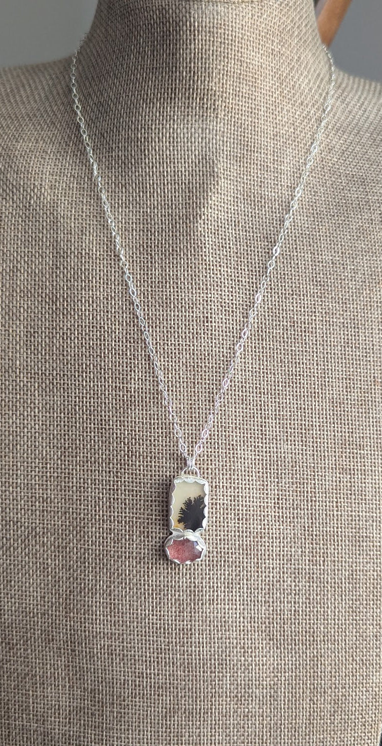 Dendritic Agate and Strawberry Quartz Silver Duo Necklace