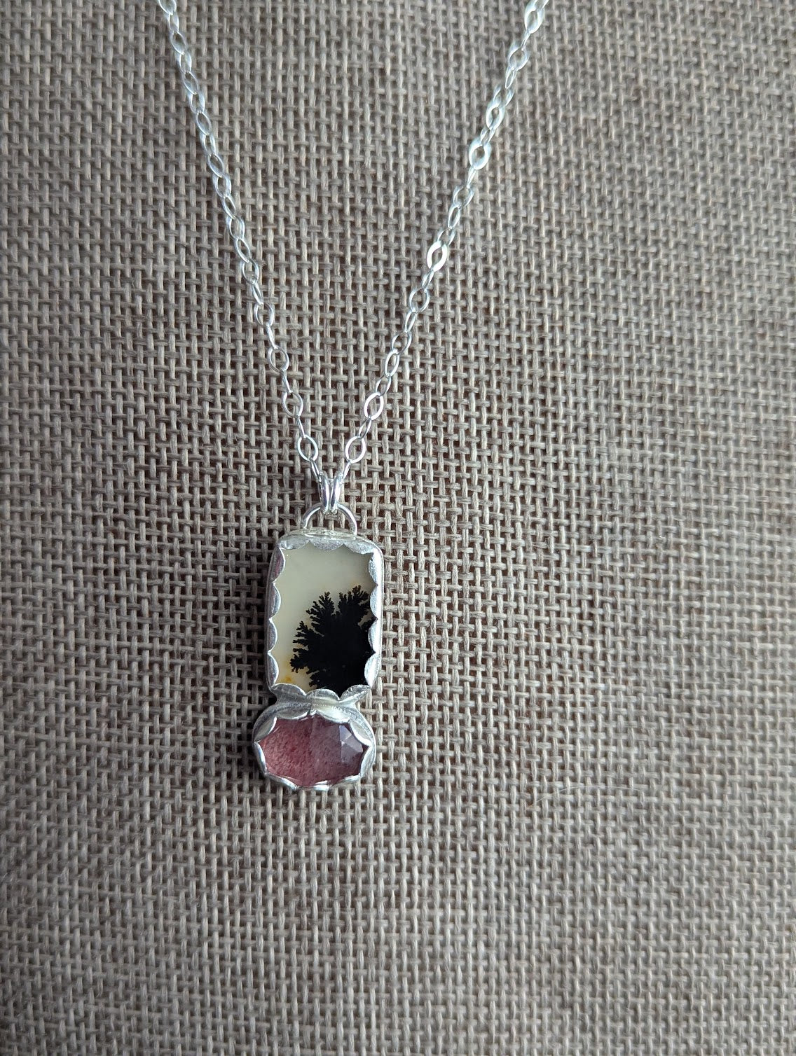 Dendritic Agate and Strawberry Quartz Silver Duo Necklace