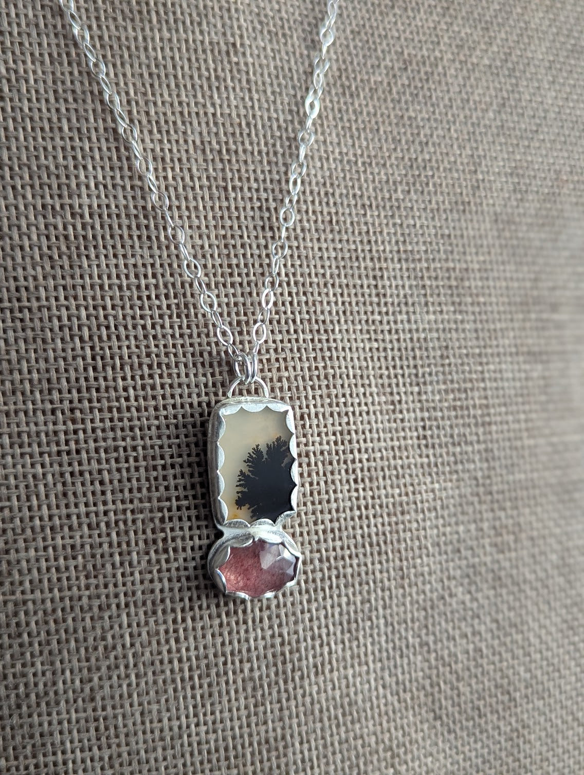 Dendritic Agate and Strawberry Quartz Silver Duo Necklace