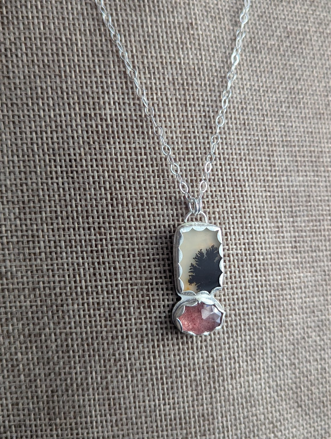 Dendritic Agate and Strawberry Quartz Silver Duo Necklace