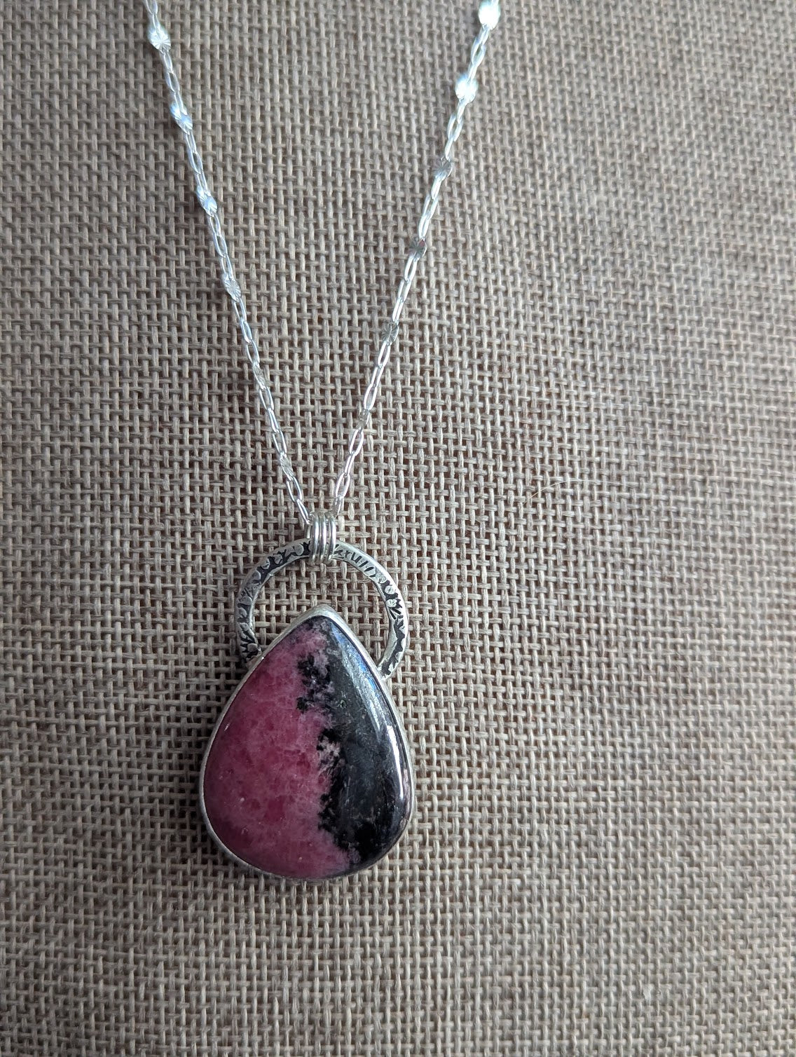 Large Rhodonite Tear Drop Hammered Full Circle Long Silver Necklace