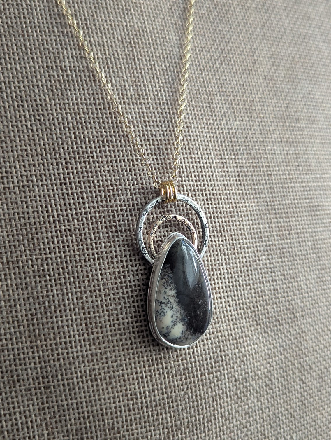 Dendritic Opal Gold and Silver Hammered Full Circle Necklace