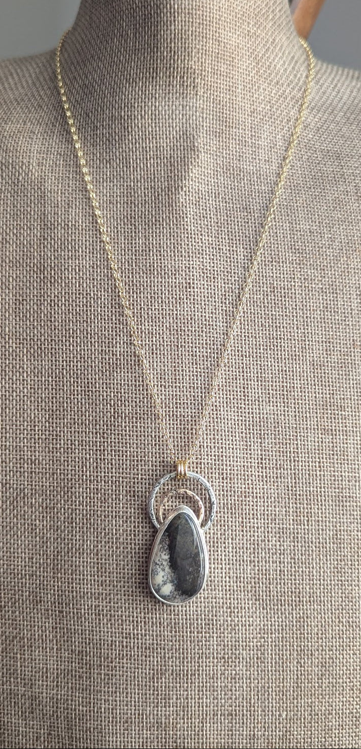 Dendritic Opal Gold and Silver Hammered Full Circle Necklace