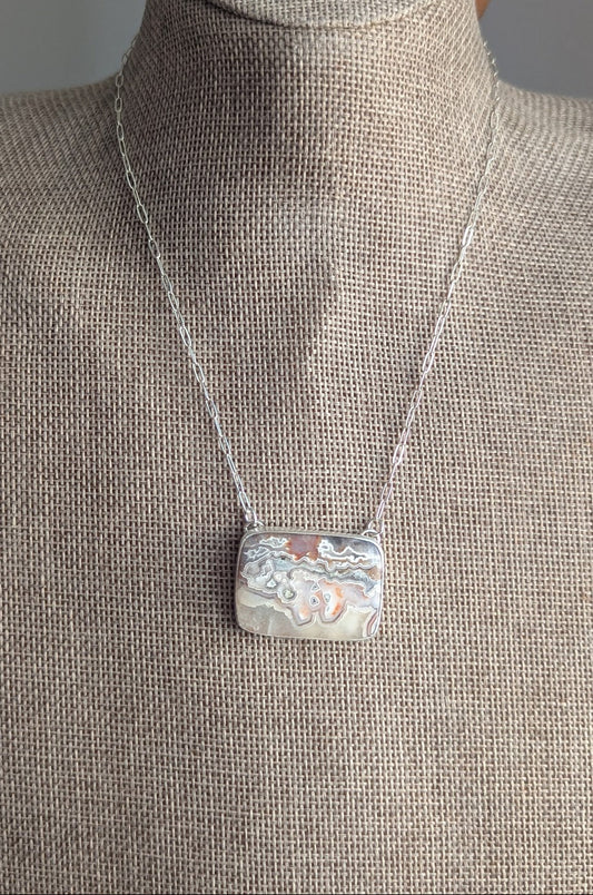 Crazy Lace Agate Mixed Brass and Silver Cut-out Back Necklace