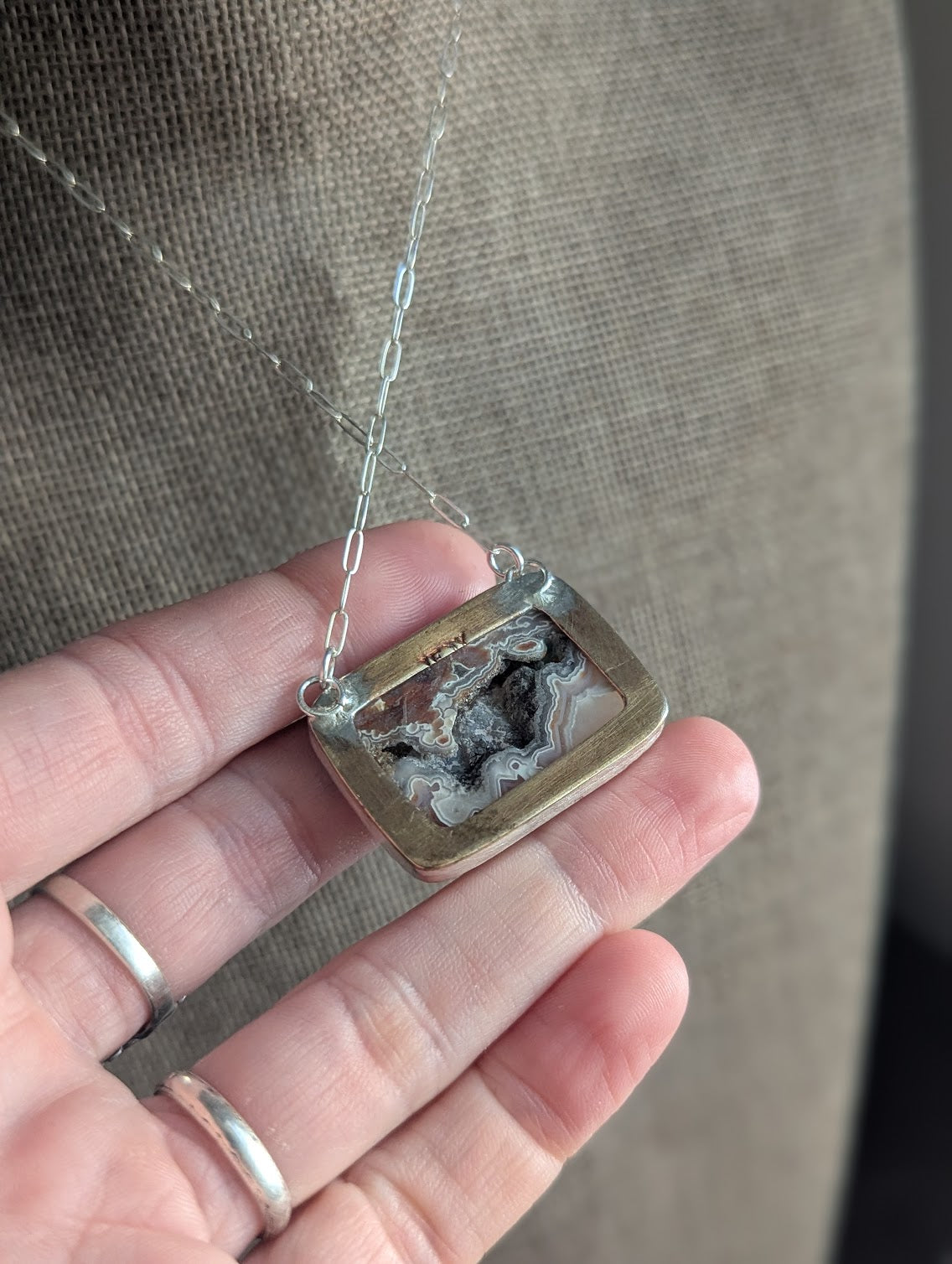 Crazy Lace Agate Mixed Brass and Silver Cut-out Back Necklace