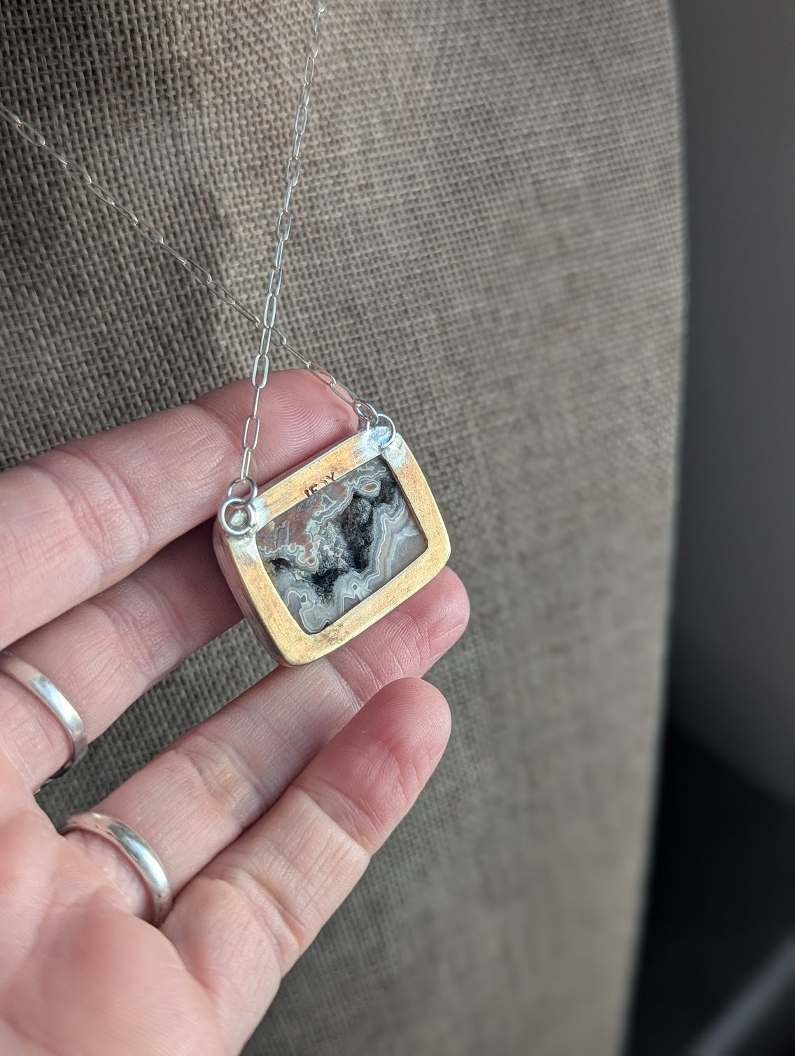 Crazy Lace Agate Mixed Brass and Silver Cut-out Back Necklace