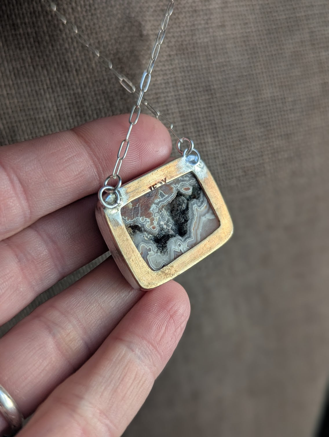 Crazy Lace Agate Mixed Brass and Silver Cut-out Back Necklace