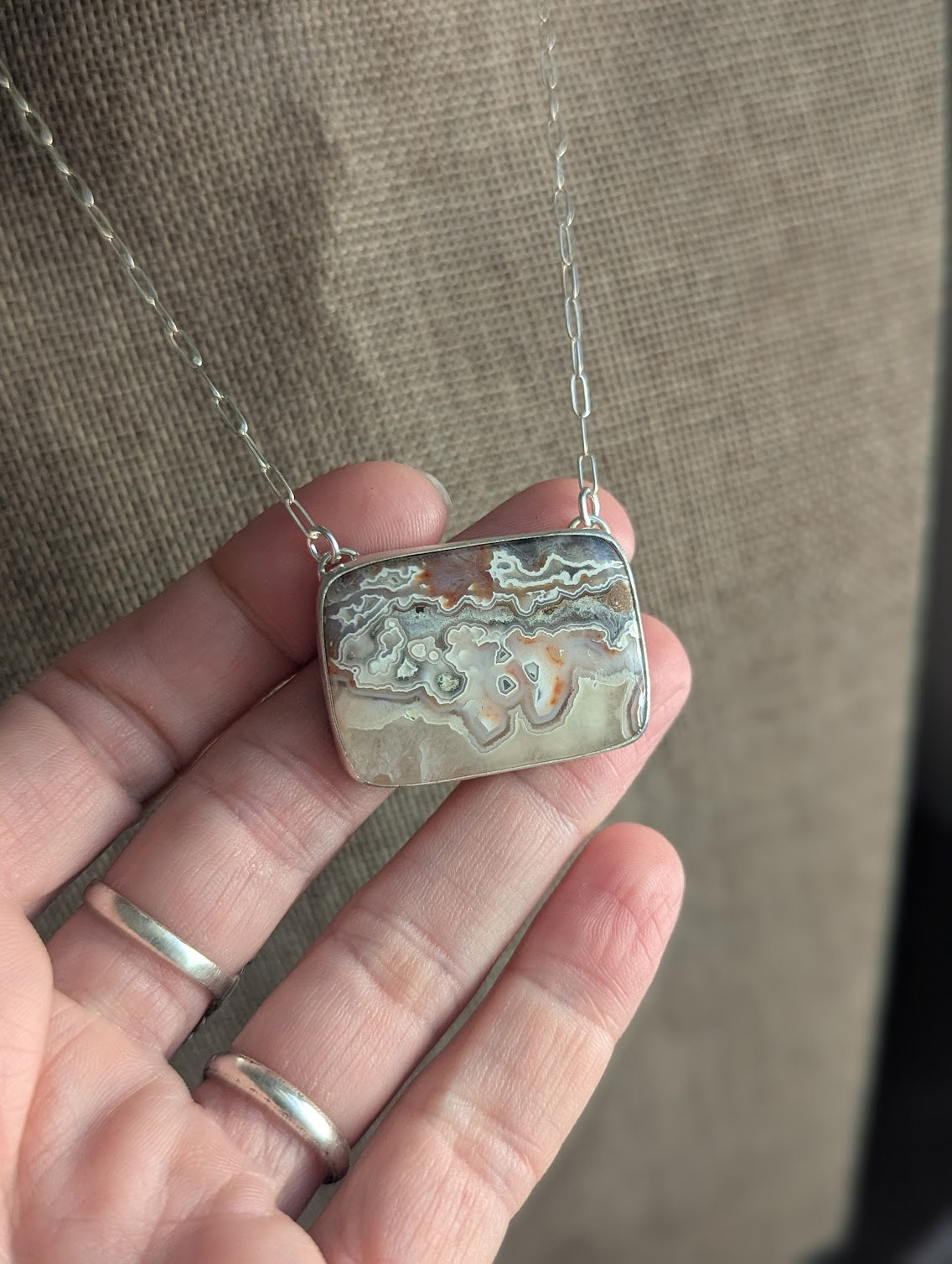 Crazy Lace Agate Mixed Brass and Silver Cut-out Back Necklace