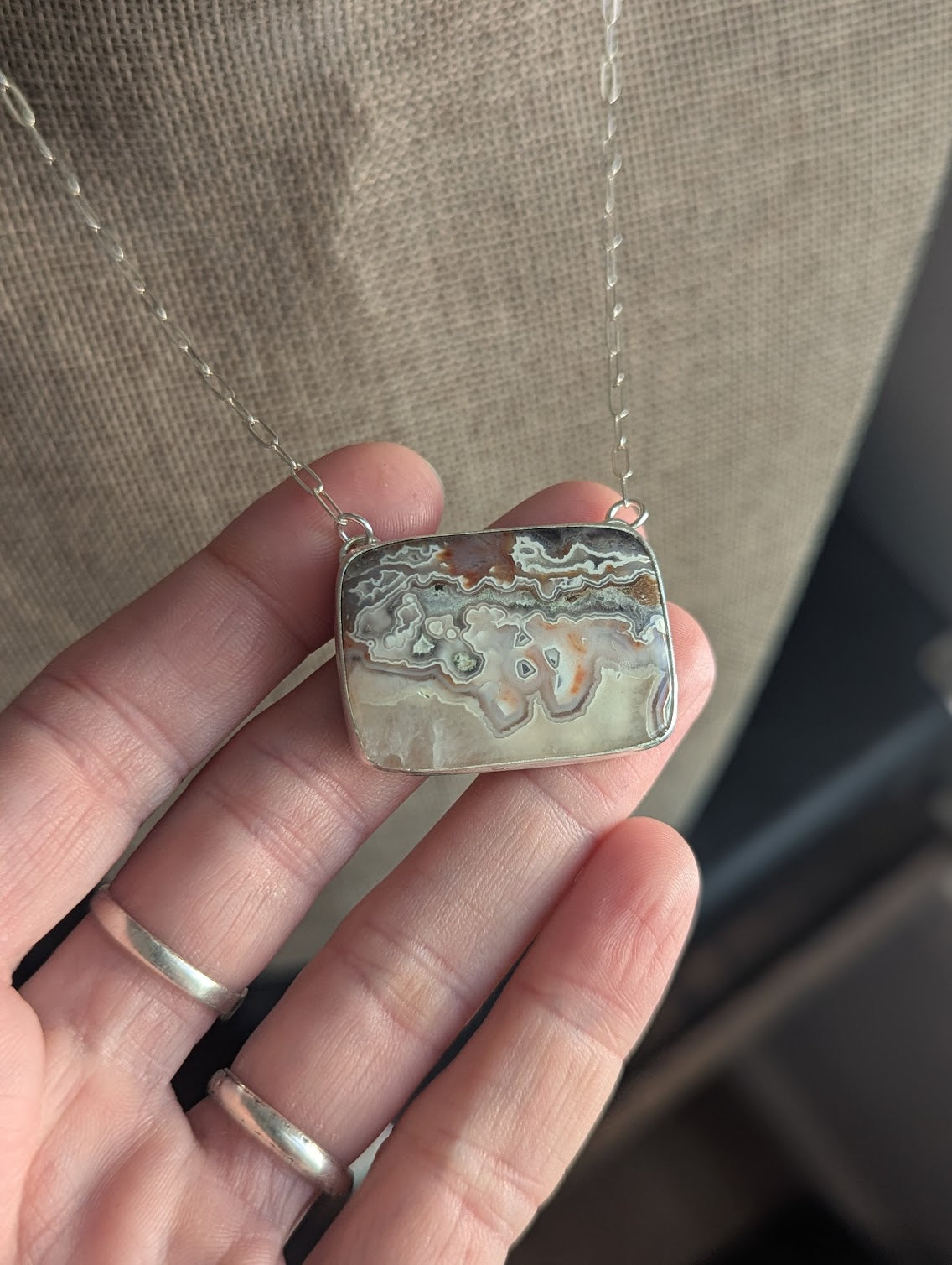 Crazy Lace Agate Mixed Brass and Silver Cut-out Back Necklace