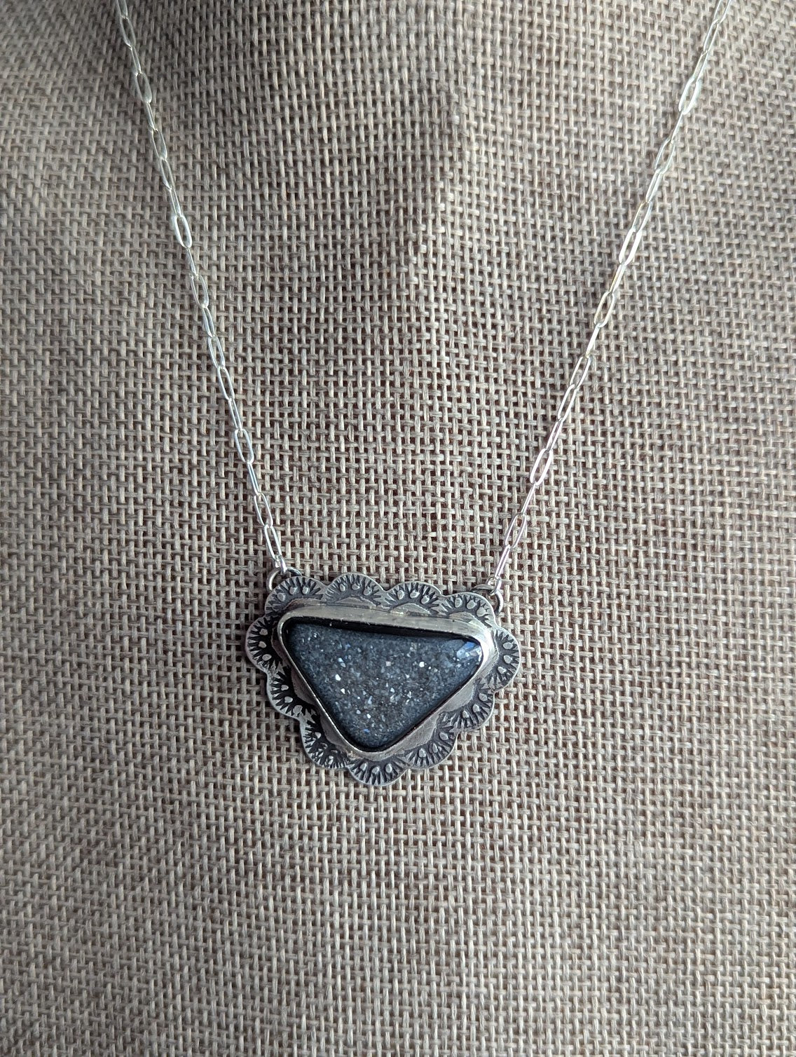 Onyx Druzy Triangle Scalloped Stamped Silver Necklace