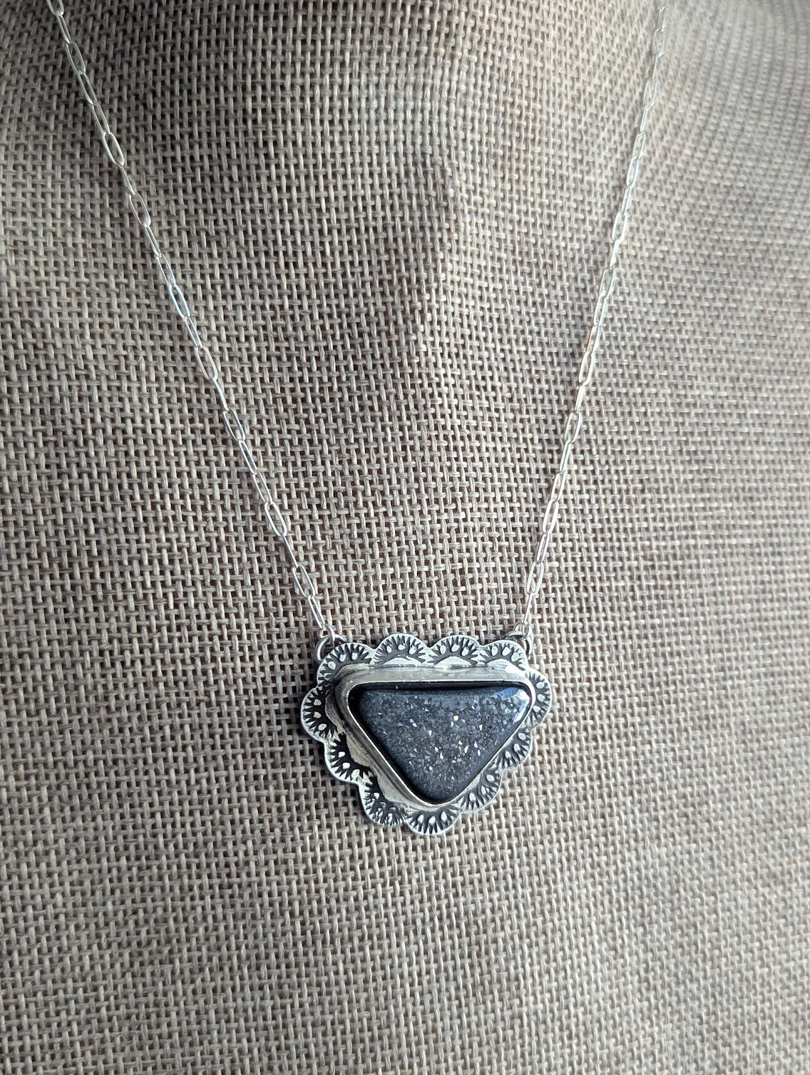 Onyx Druzy Triangle Scalloped Stamped Silver Necklace