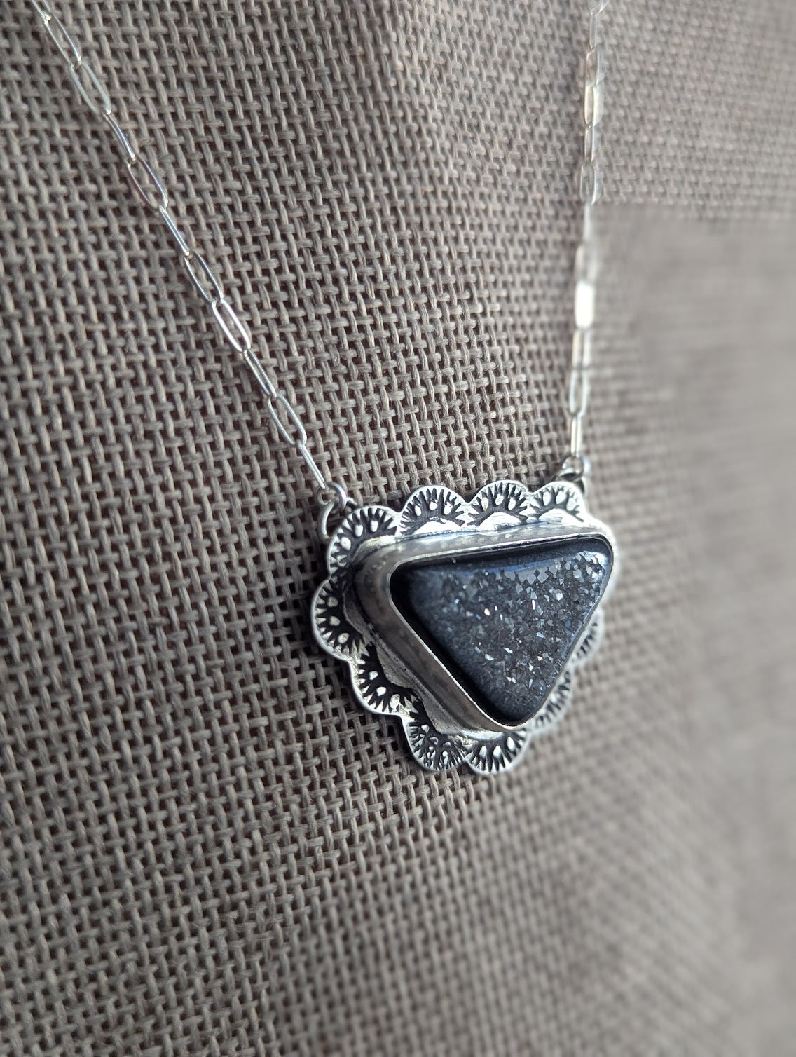 Onyx Druzy Triangle Scalloped Stamped Silver Necklace