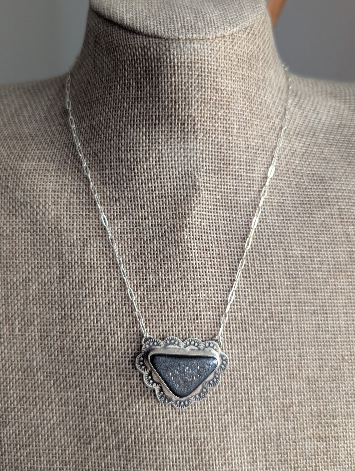 Onyx Druzy Triangle Scalloped Stamped Silver Necklace