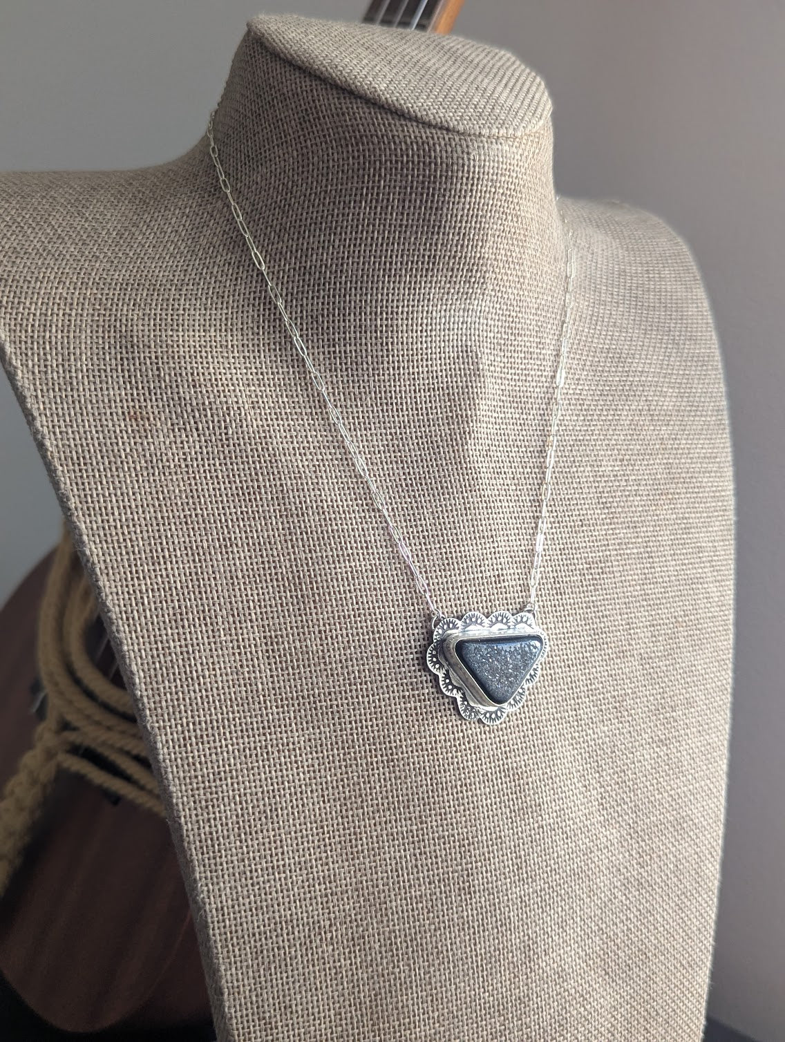 Onyx Druzy Triangle Scalloped Stamped Silver Necklace