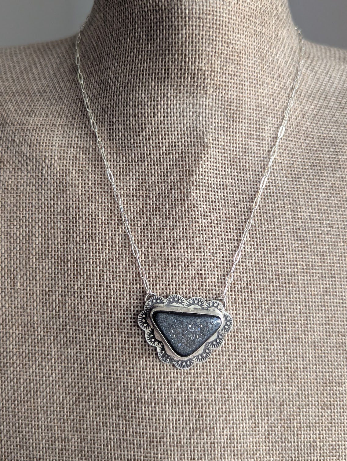 Onyx Druzy Triangle Scalloped Stamped Silver Necklace