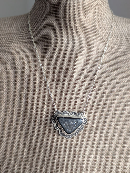 Onyx Druzy Triangle Scalloped Stamped Silver Necklace
