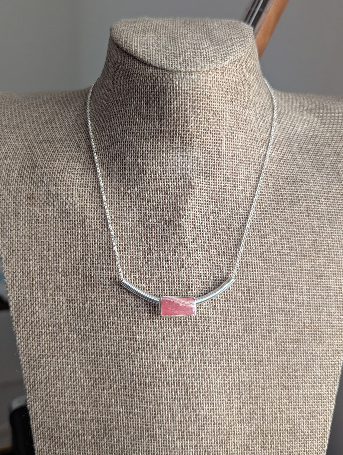 Rhodocrosite Silver Bar Necklace
