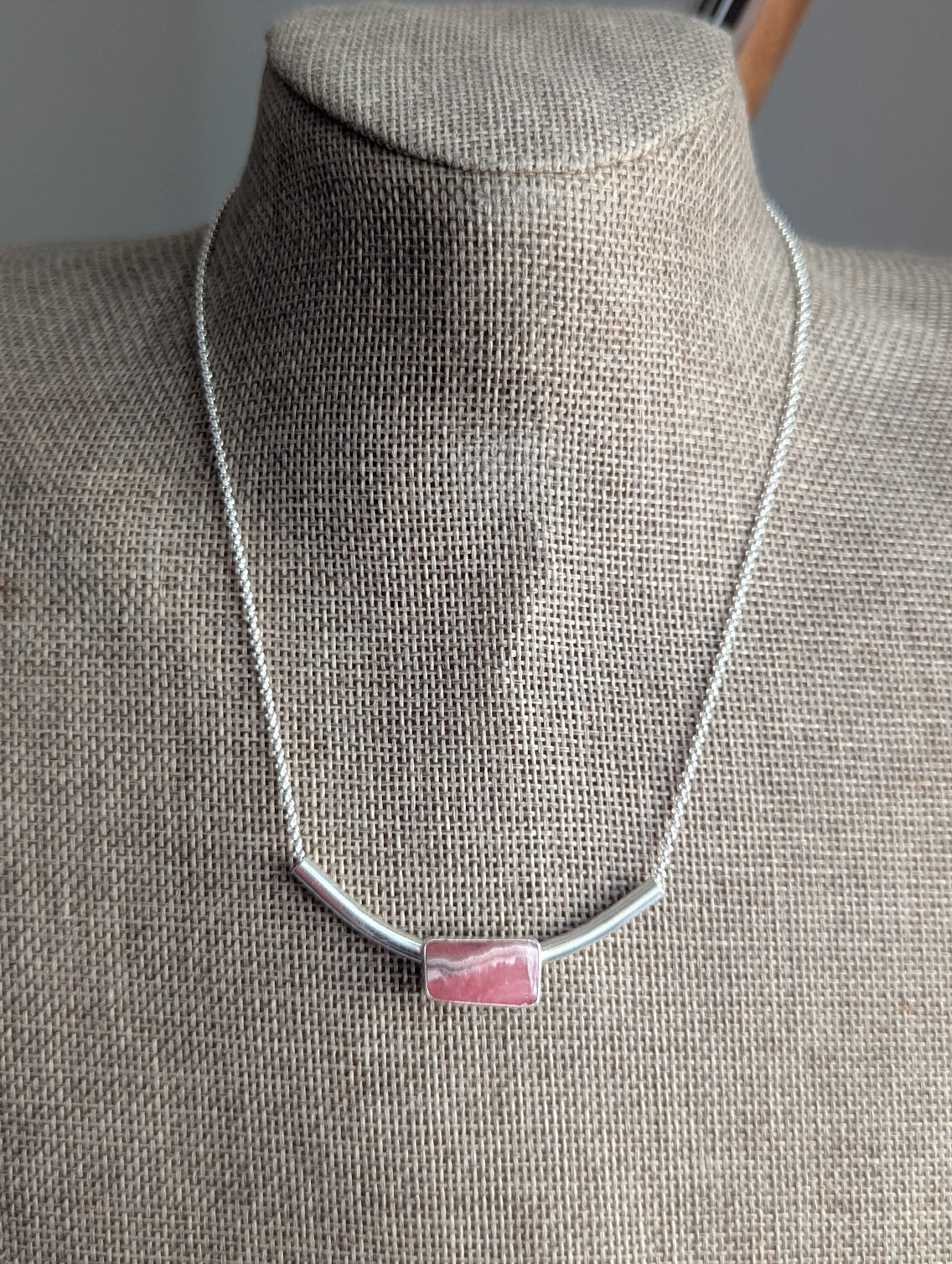 Rhodocrosite Silver Bar Necklace