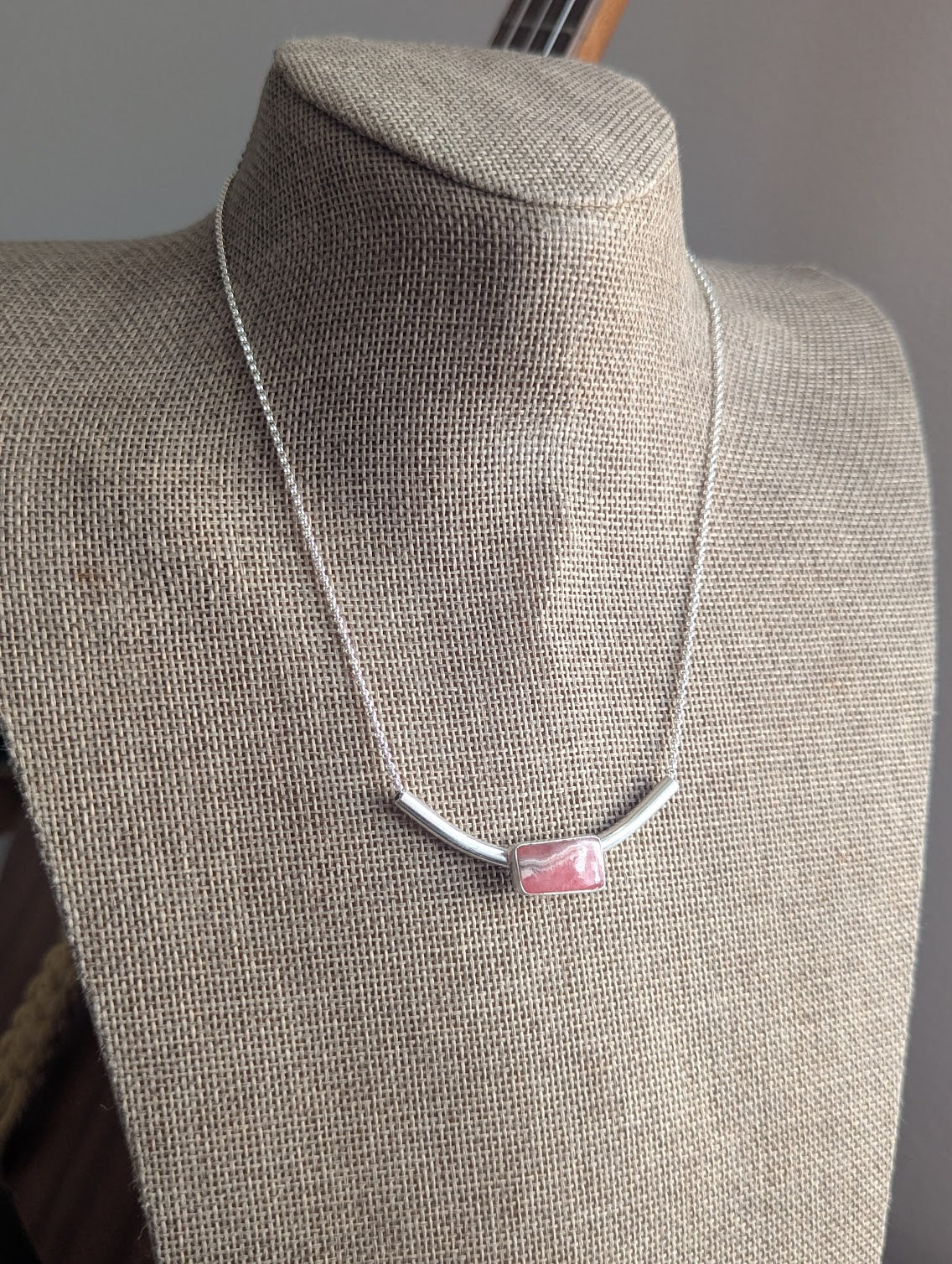 Rhodocrosite Silver Bar Necklace