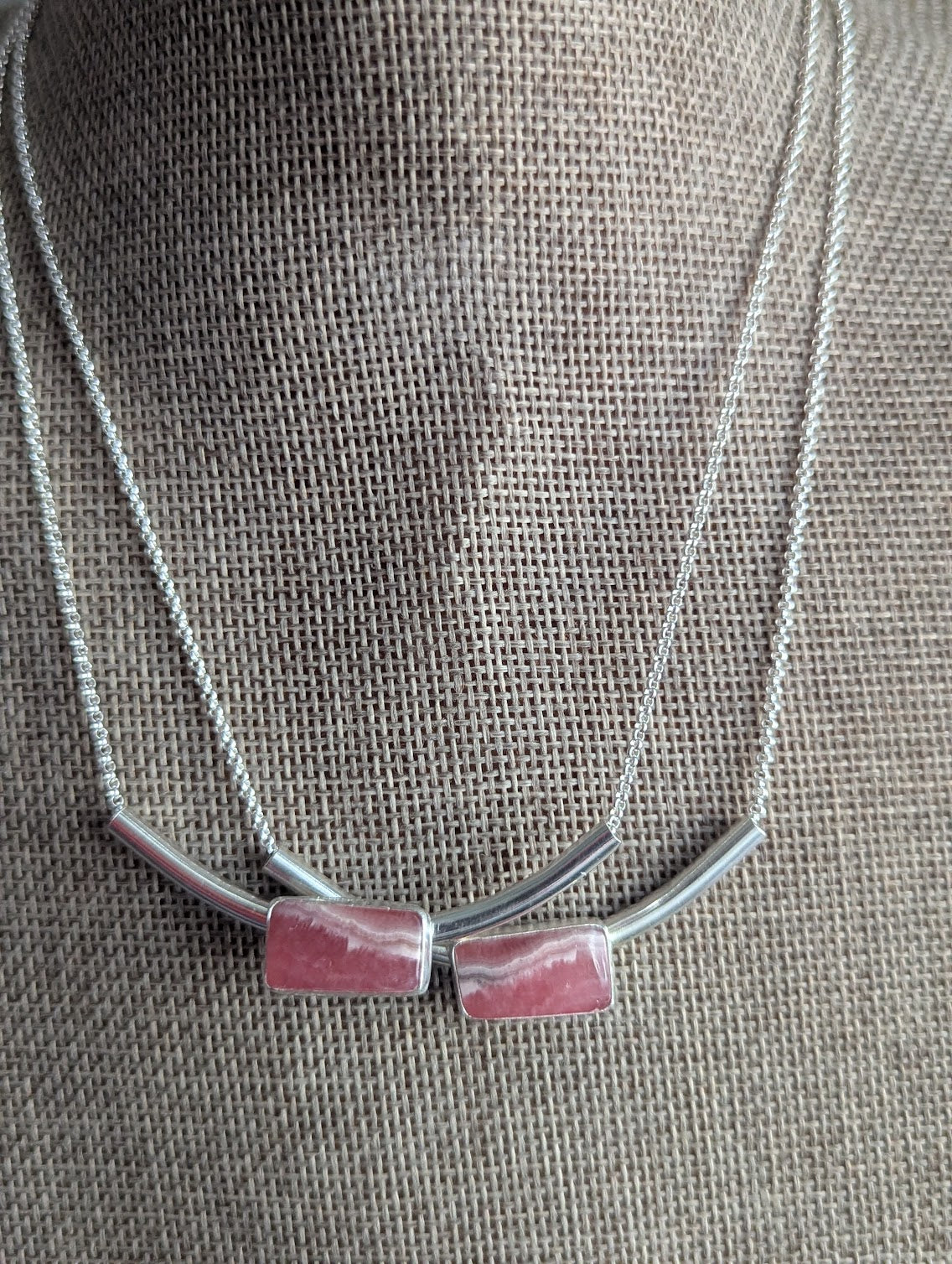 Rhodocrosite Silver Bar Necklace