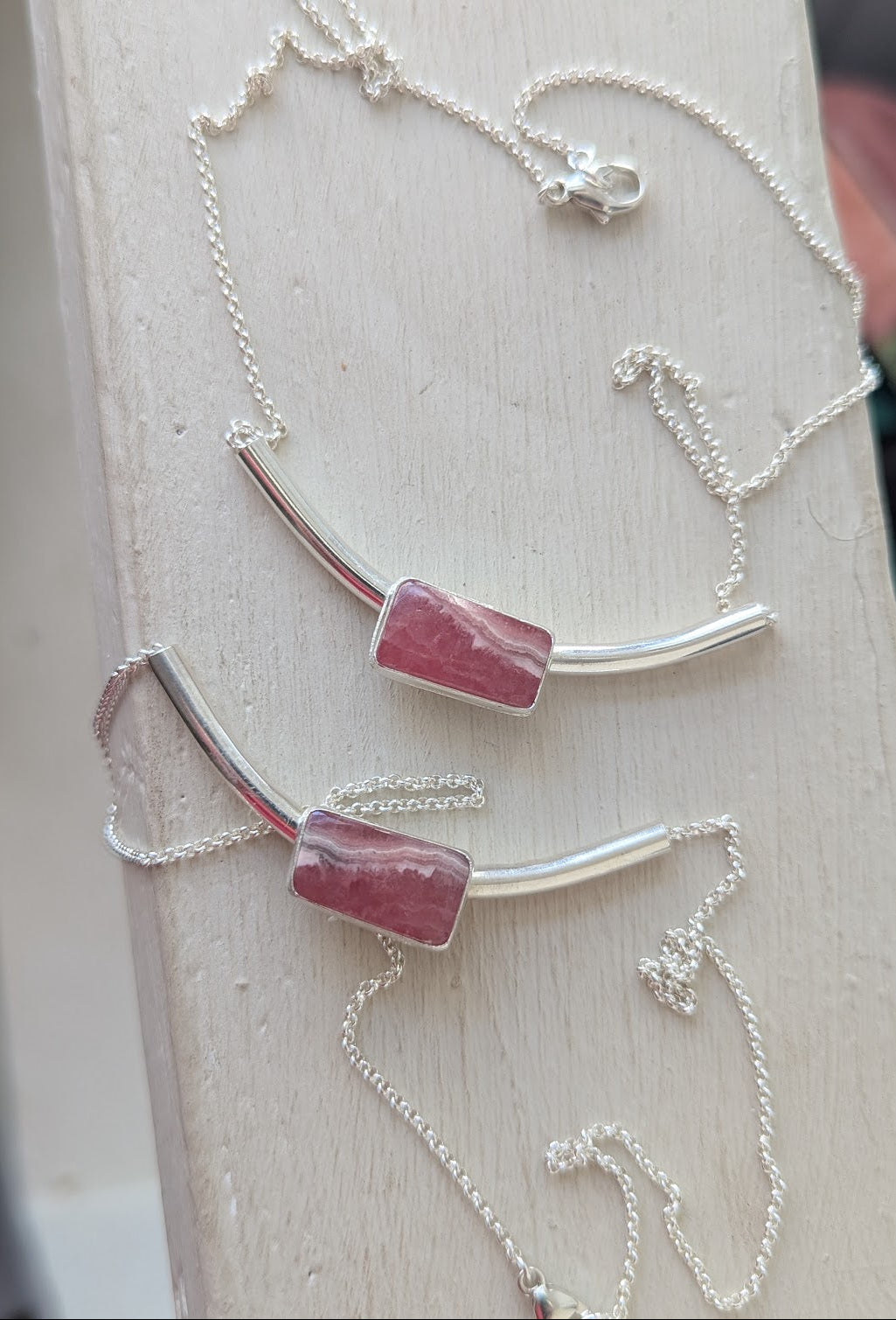Rhodocrosite Silver Bar Necklace