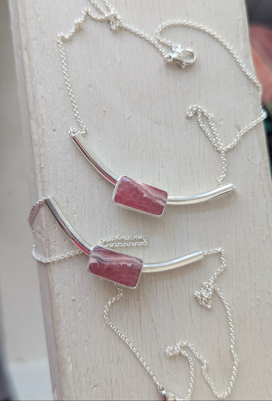 Rhodocrosite Silver Bar Necklace