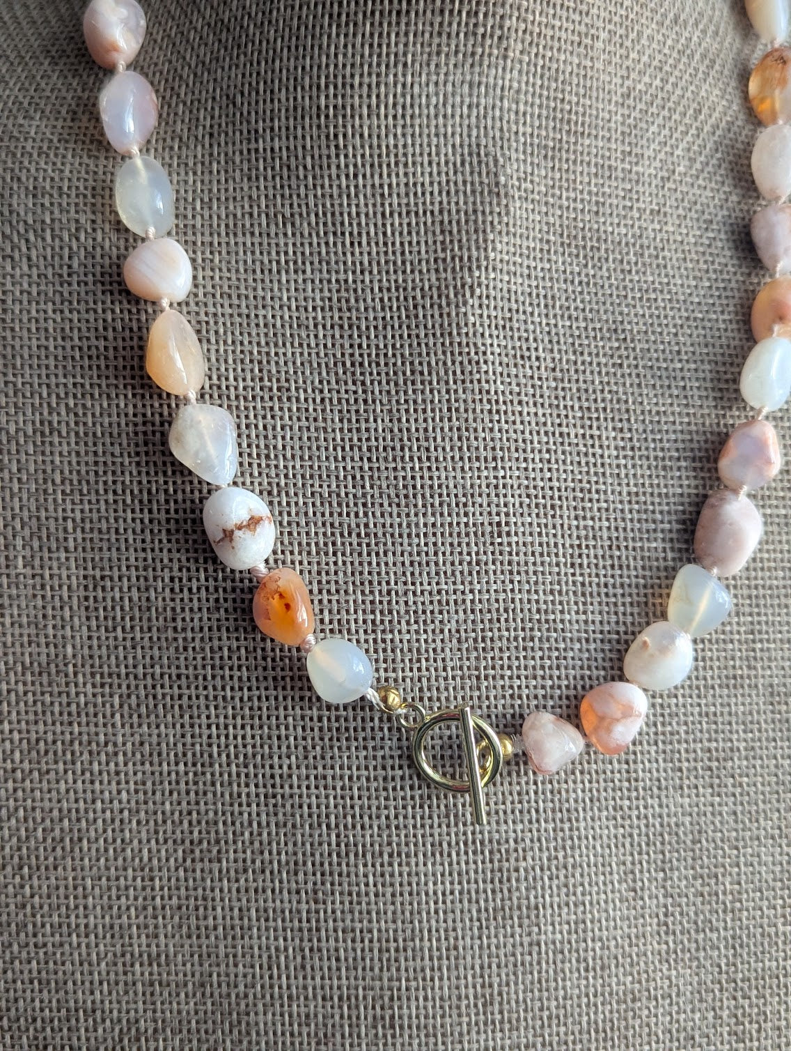 Hand- Knotted Flower Agate Toggle Clasp Necklace (Silver or Gold)