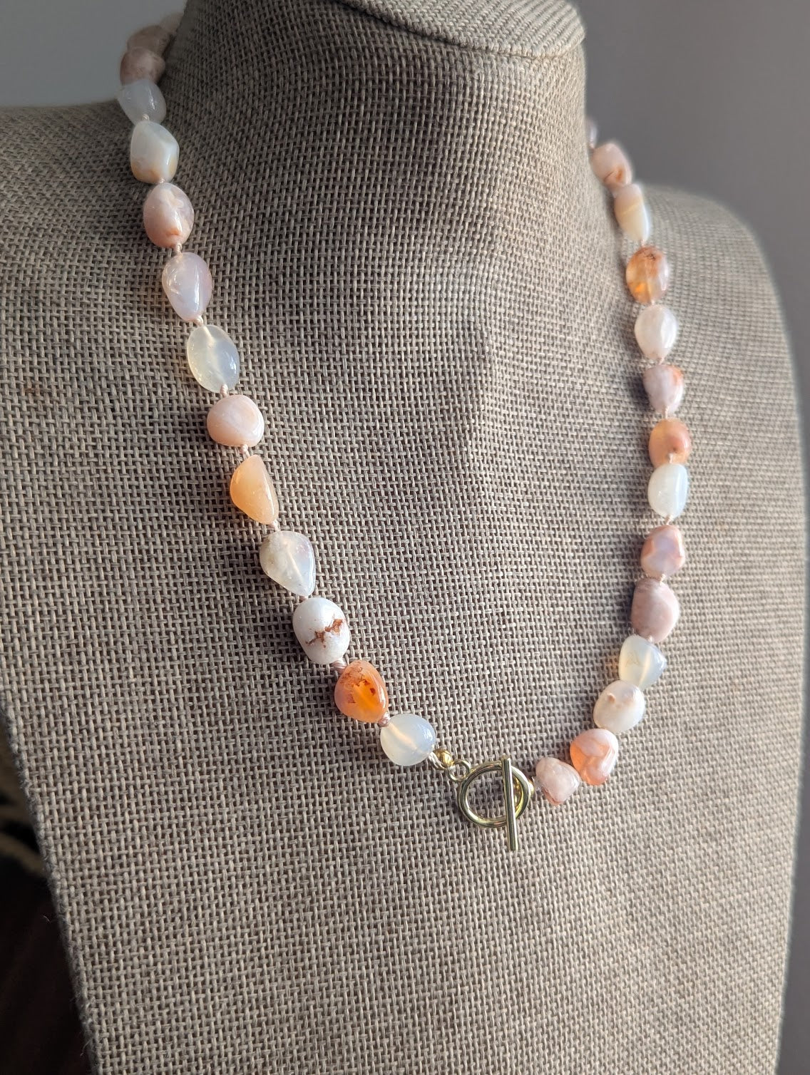 Hand- Knotted Flower Agate Toggle Clasp Necklace (Silver or Gold)