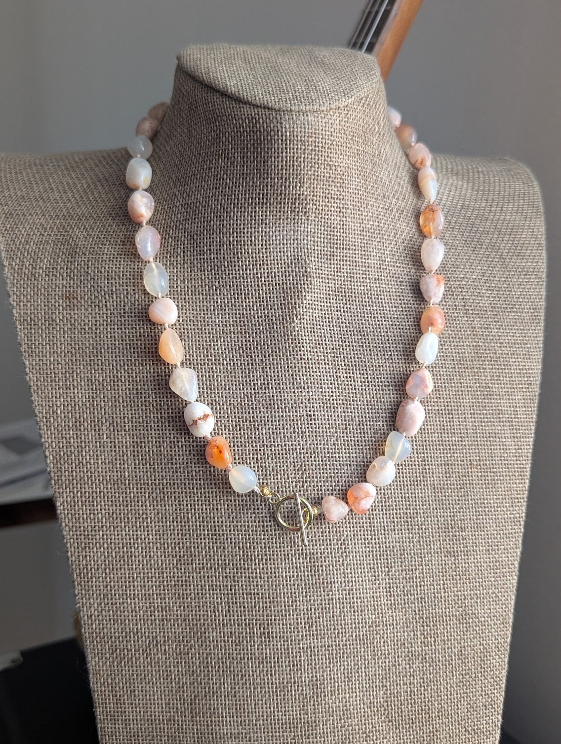 Hand- Knotted Flower Agate Toggle Clasp Necklace (Silver or Gold)