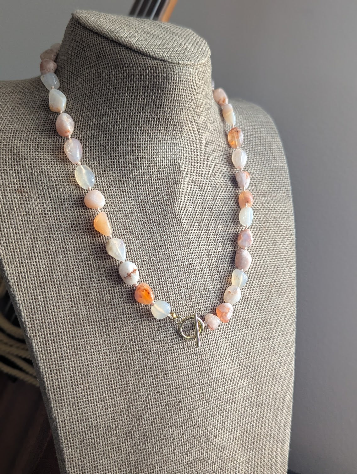 Hand- Knotted Flower Agate Toggle Clasp Necklace (Silver or Gold)